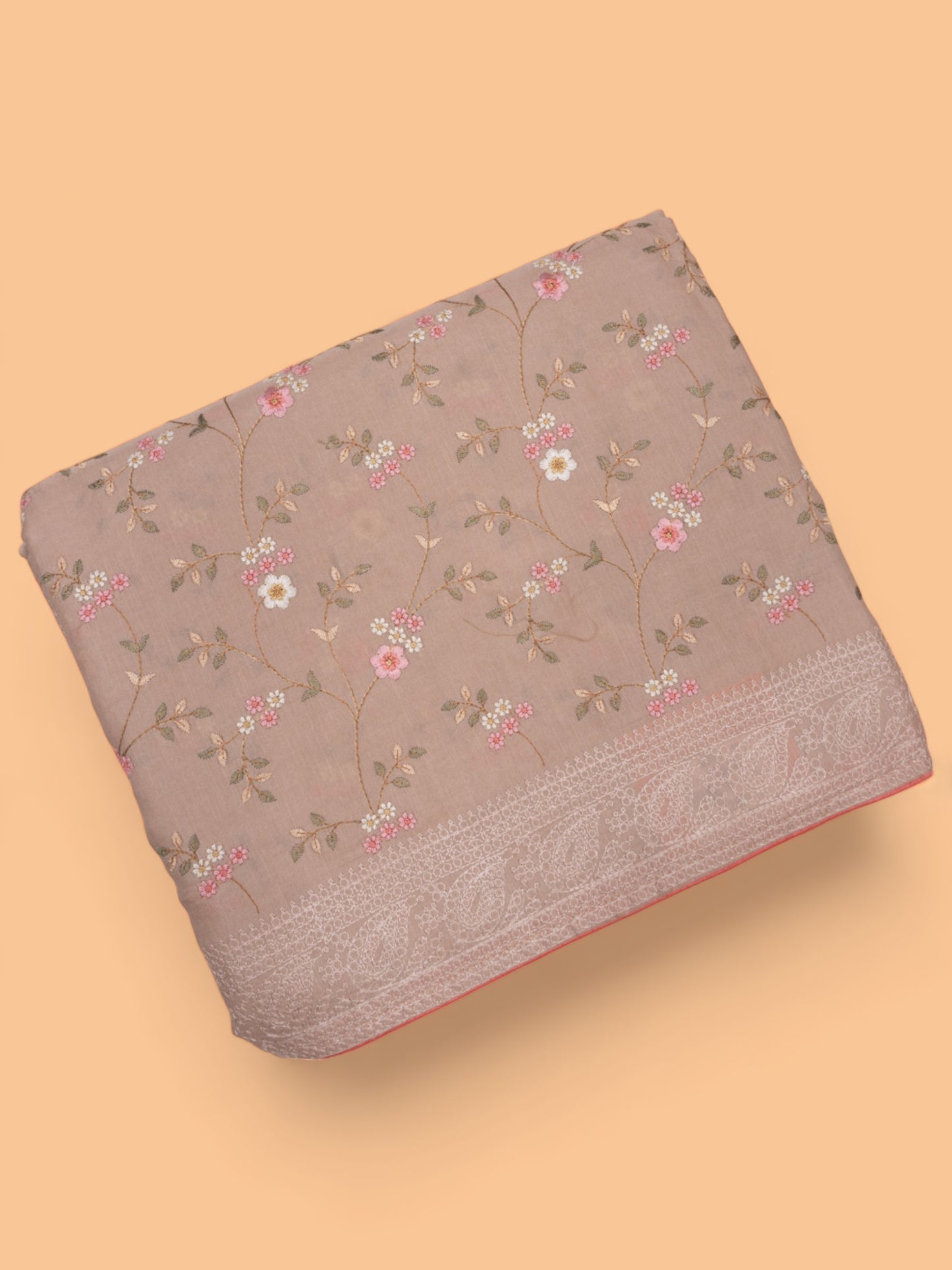 Chanderi Silk Floral Embroidery Beige Saree