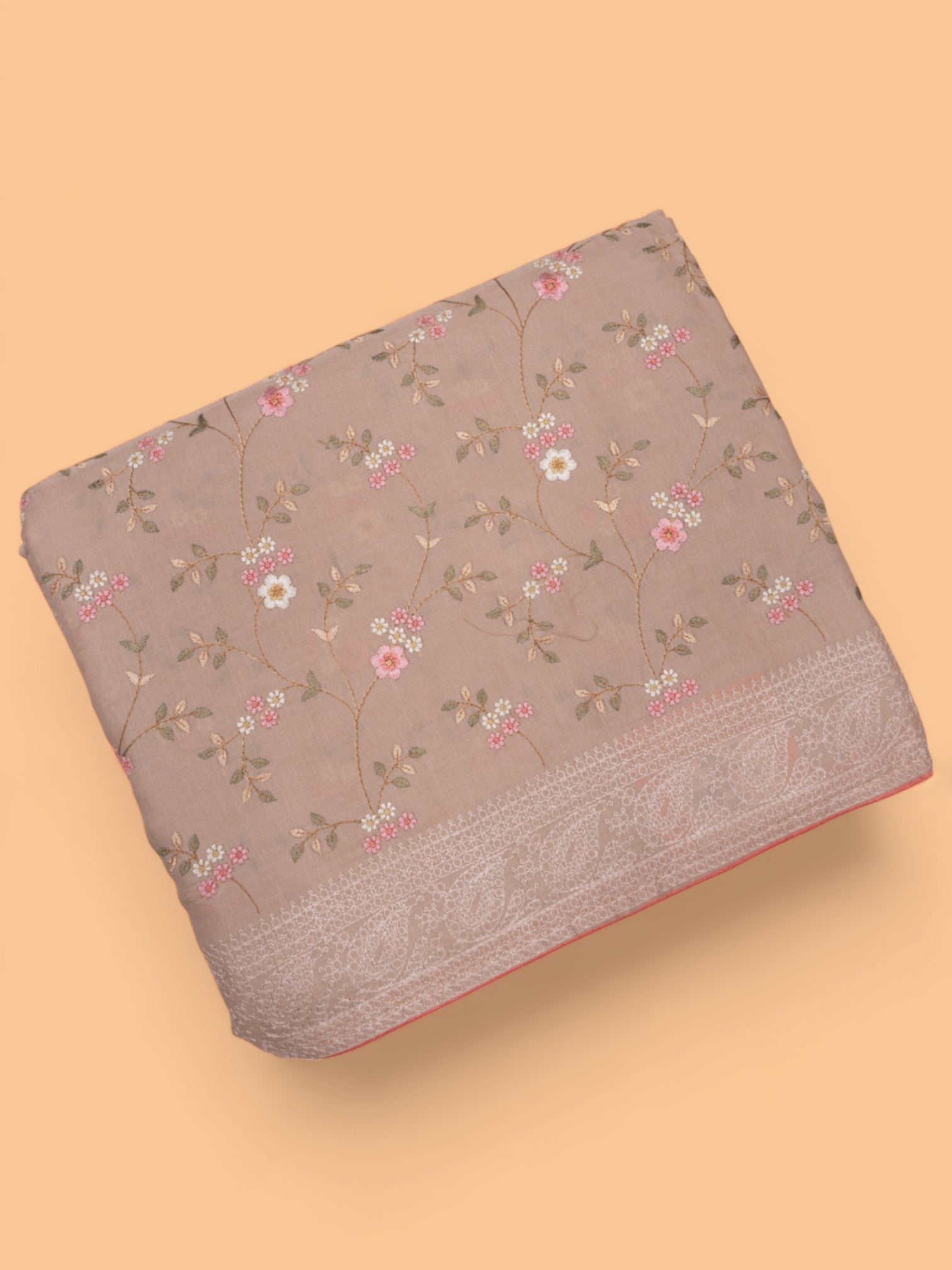 Chanderi Silk Floral Embroidery Beige Saree