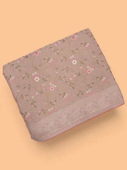 Chanderi Silk Floral Embroidery Beige Saree