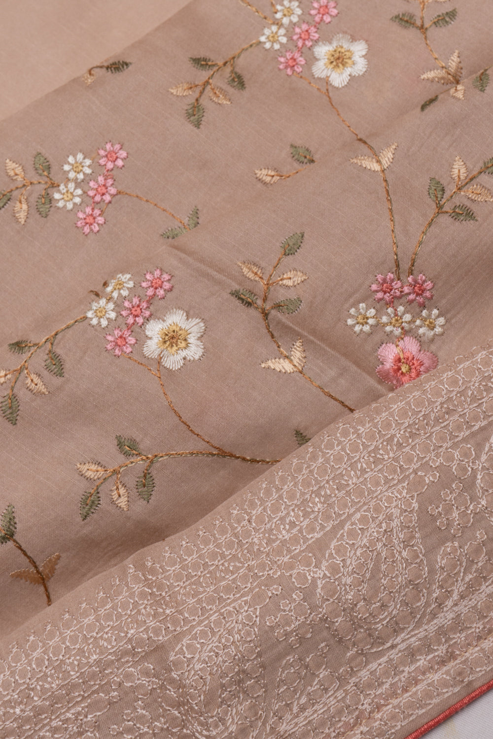 Chanderi Silk Floral Embroidery Beige Saree