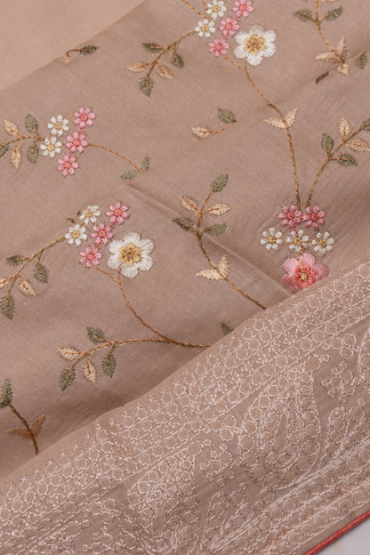 Chanderi Silk Floral Embroidery Beige Saree