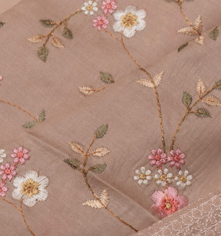 Chanderi Silk Floral Embroidery Beige Saree