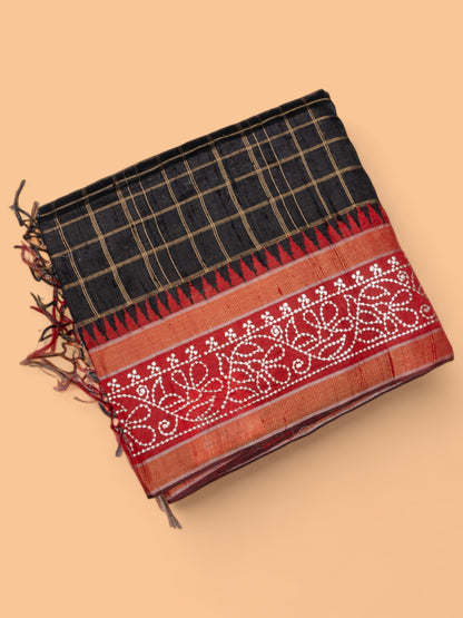 Tussar Checks Black Saree