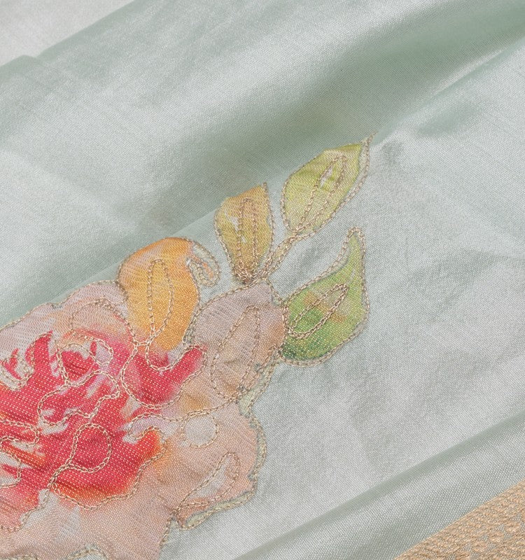 Chanderi Silk Floral Printed And Embroidery Pastel Blue Saree