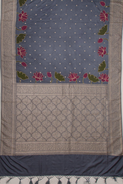 Soft Silk Butta And Floral Embroidery Grey Saree