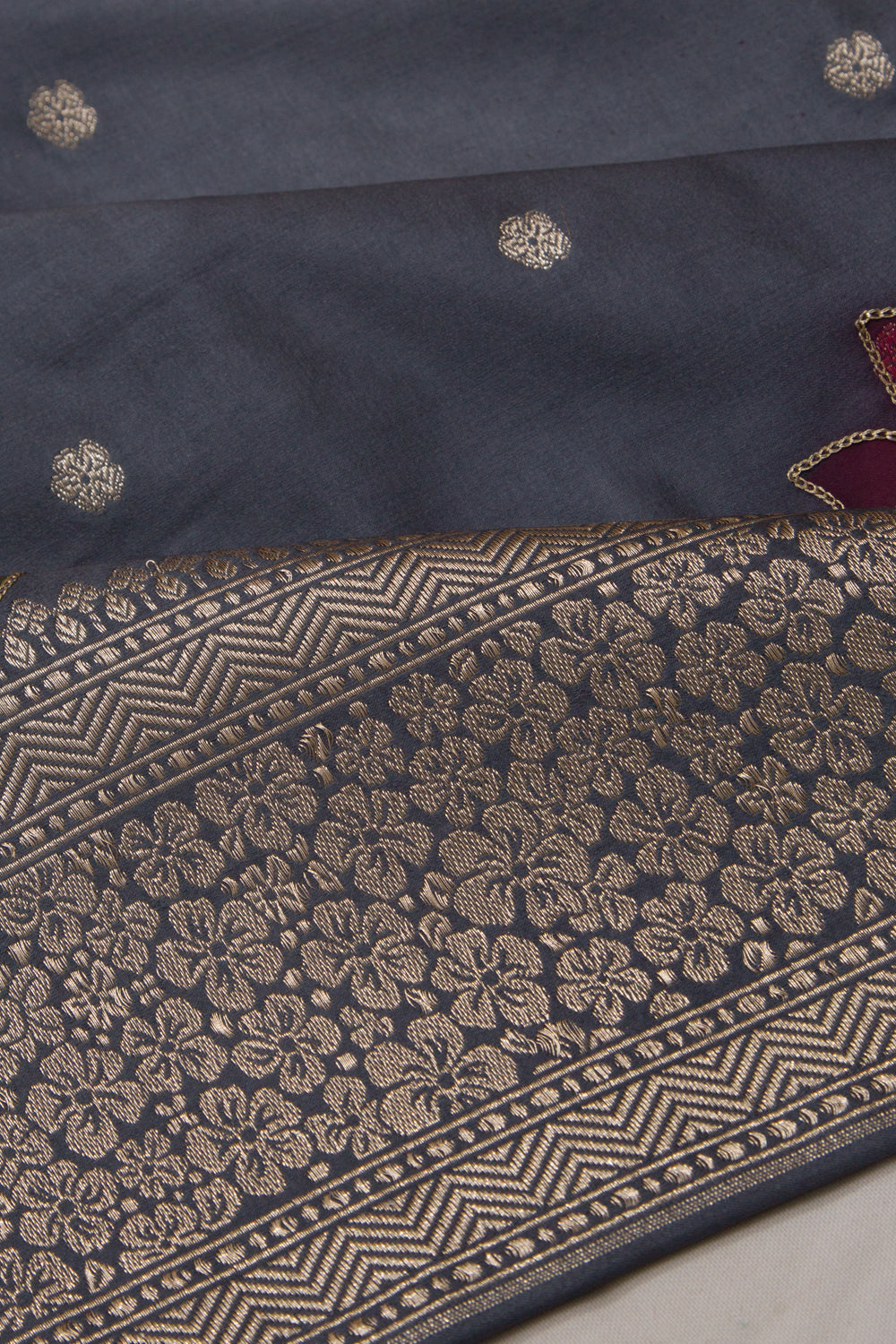 Soft Silk Butta And Floral Embroidery Grey Saree