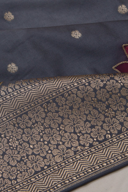 Soft Silk Butta And Floral Embroidery Grey Saree