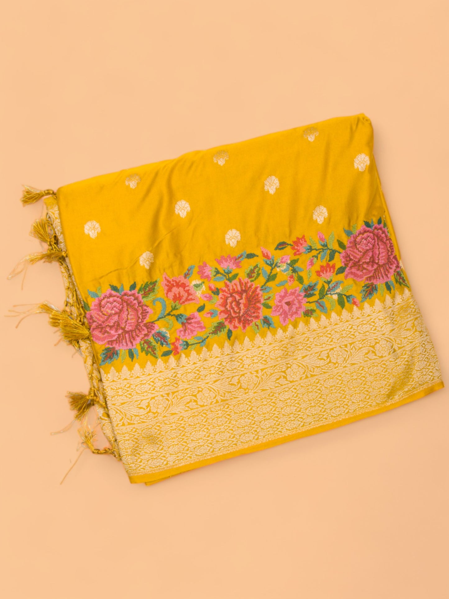 Banarasi Silk Butta Mustard Yellow Saree With Embroidery Border