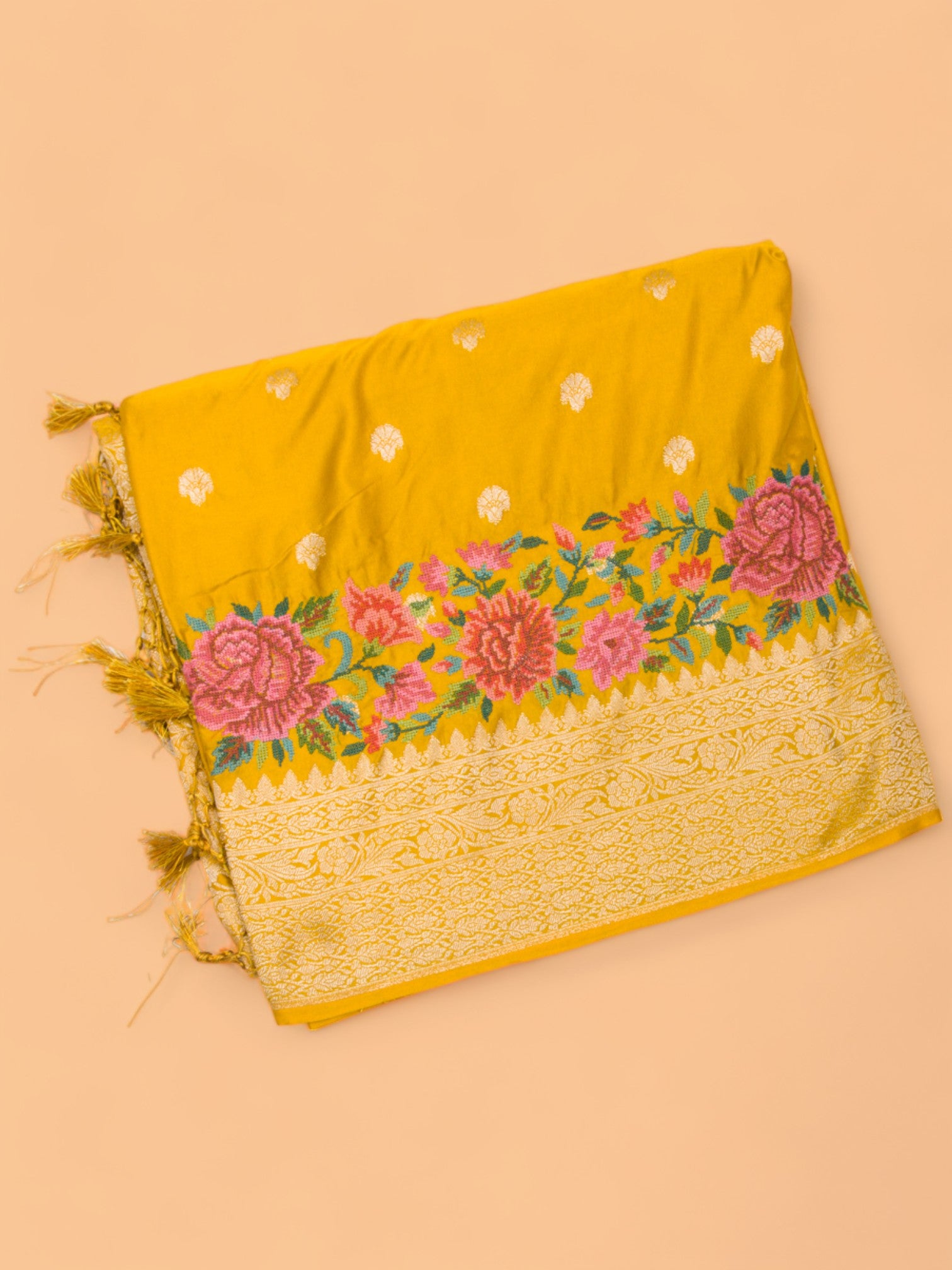 Banarasi Silk Butta Mustard Yellow Saree With Embroidery Border