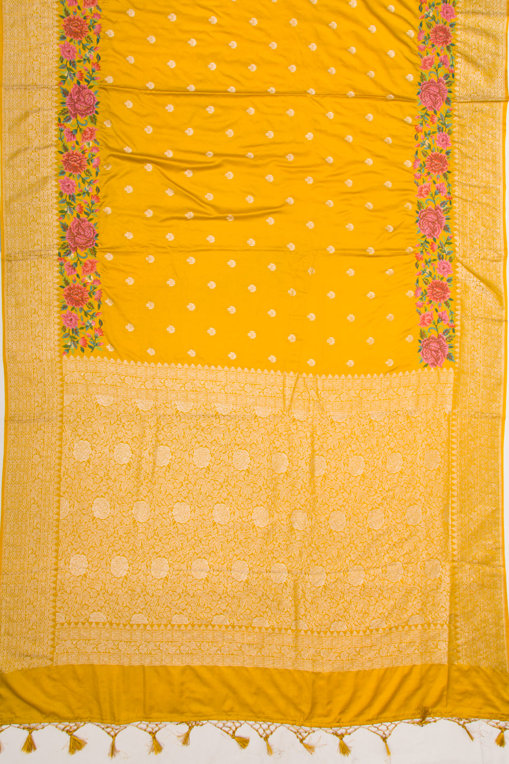 Banarasi Silk Butta Mustard Yellow Saree With Embroidery Border