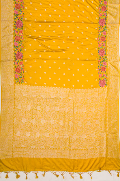 Banarasi Silk Butta Mustard Yellow Saree With Embroidery Border
