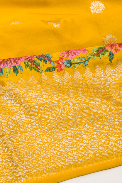 Banarasi Silk Butta Mustard Yellow Saree With Embroidery Border