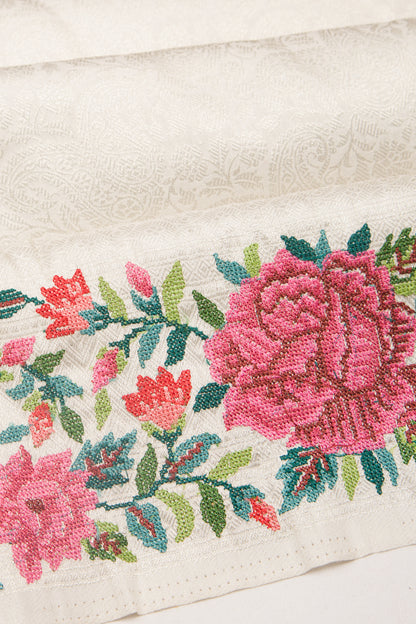 Banarasi Silk Brocade Cream Saree With Embroidery Border