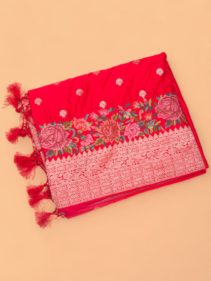 Banarasi Satin Butta Red Saree With Embroidery Border