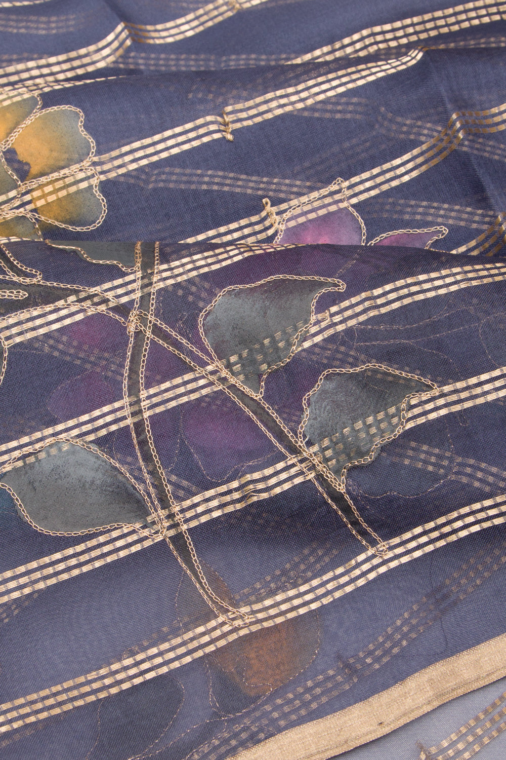 Organza Silk Horizontal Lines Dark Blue Saree