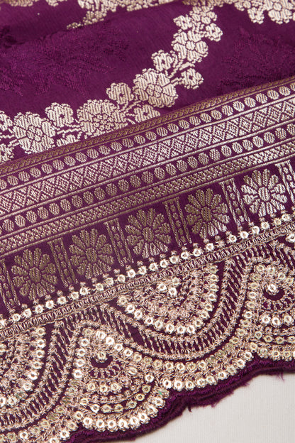 Banarasi Silk Jaal Purple Saree With Embroidery Border