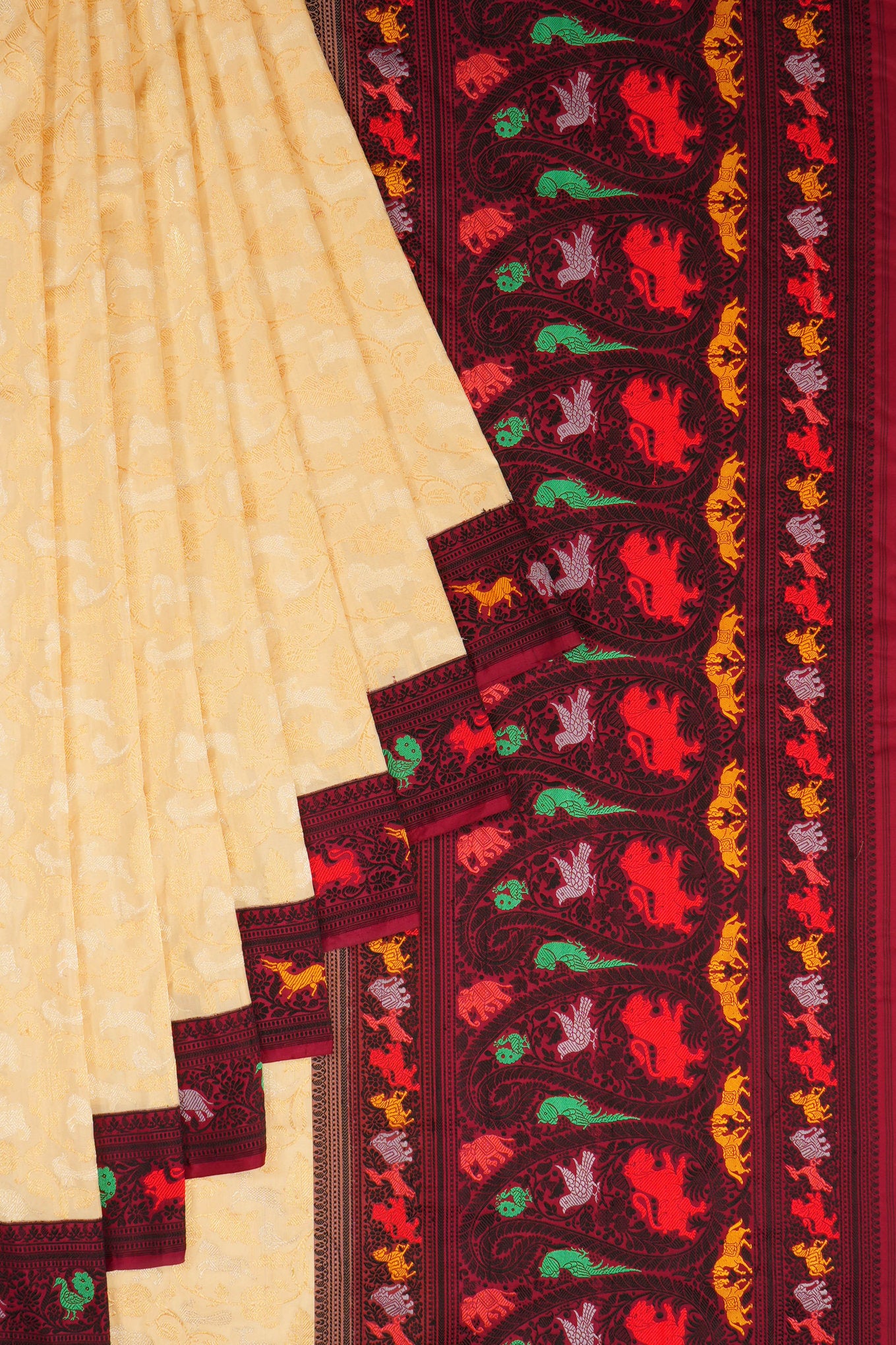 Banarasi Silk Jaal Cream Saree With Embroidery Border