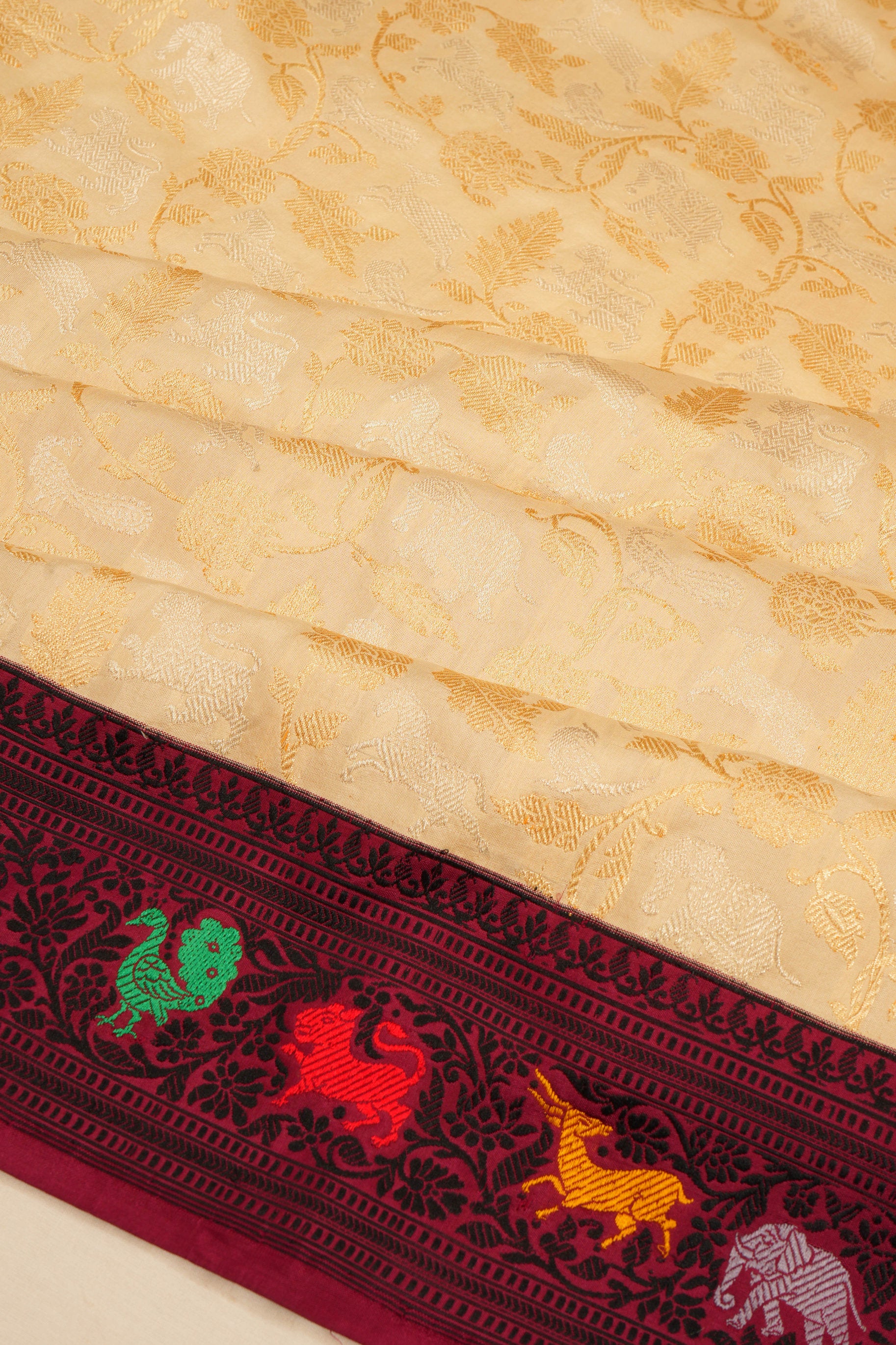 Banarasi Silk Jaal Cream Saree With Embroidery Border