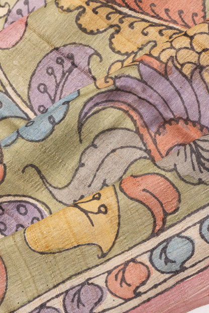 Tussar Handpainted Kalamkari Green Saree
