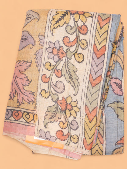 Tussar Handpainted Kalamkari Yellow Saree