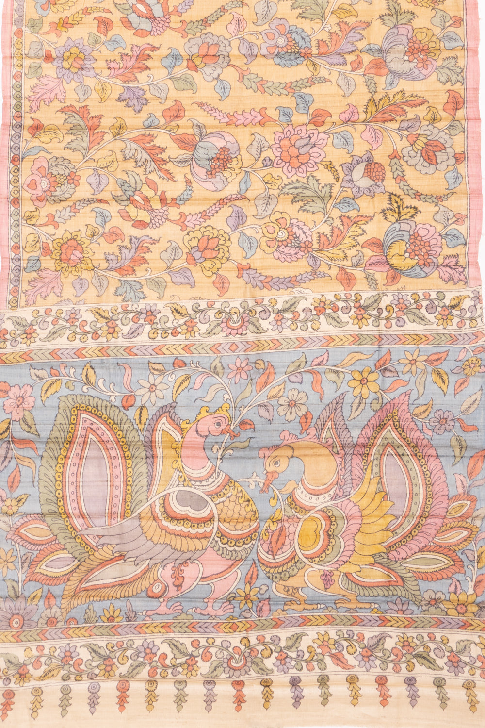 Tussar Handpainted Kalamkari Yellow Saree