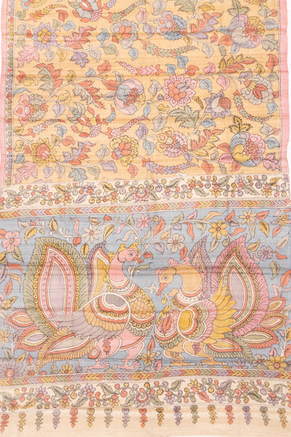 Tussar Handpainted Kalamkari Yellow Saree