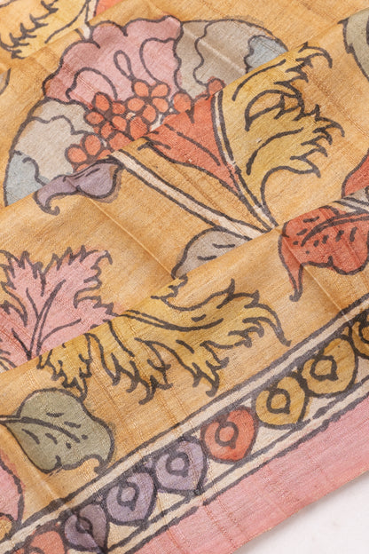 Tussar Handpainted Kalamkari Yellow Saree
