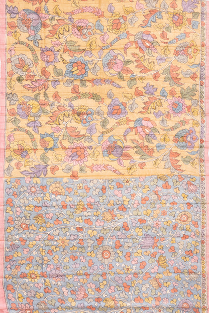 Tussar Handpainted Kalamkari Yellow Saree