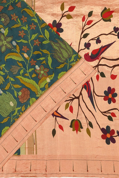 Paithani Silk Handpainted Kalamkari And Butta Teal Green Sar