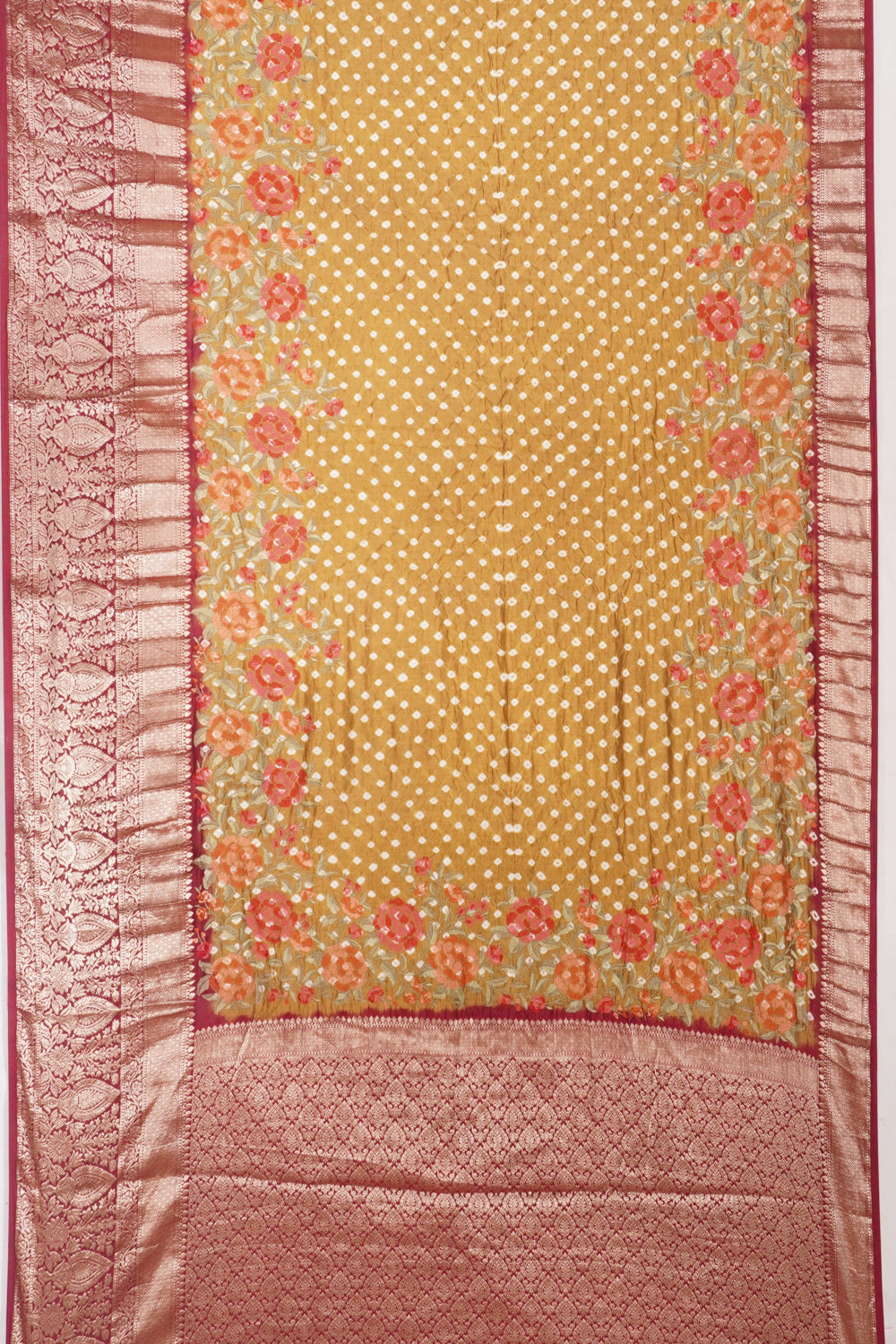 Chiniya Silk Bandhani Butta Mehandi Green Saree With Embroidery Border