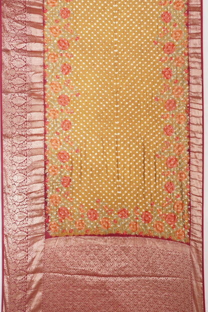 Chiniya Silk Bandhani Butta Mehandi Green Saree With Embroidery Border