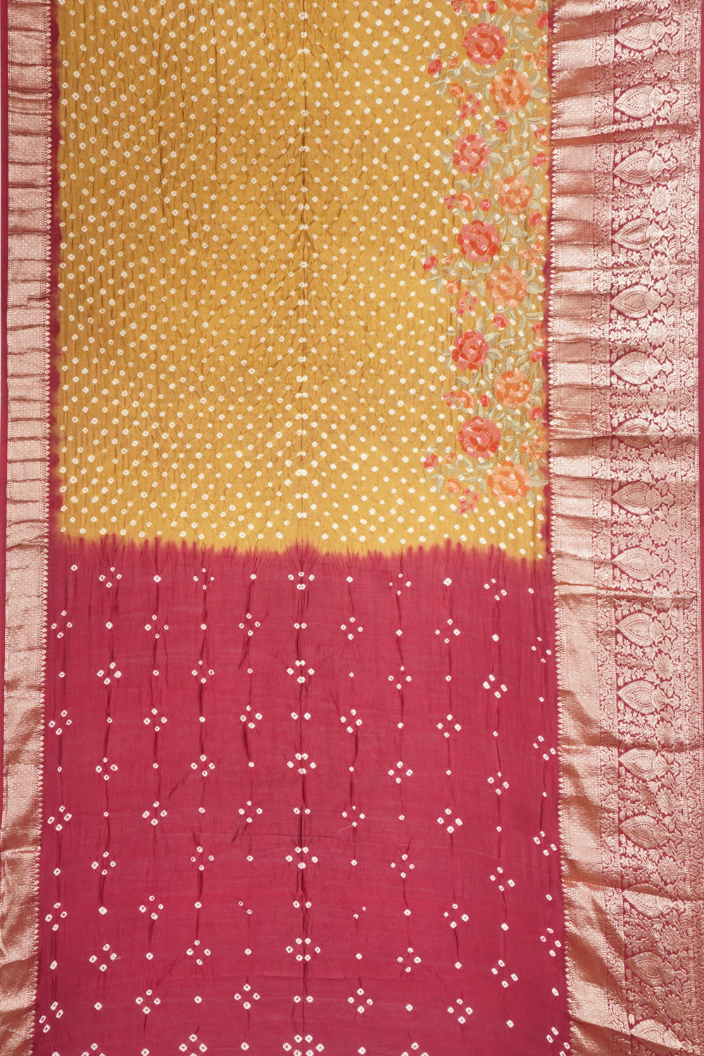 Chiniya Silk Bandhani Butta Mehandi Green Saree With Embroidery Border