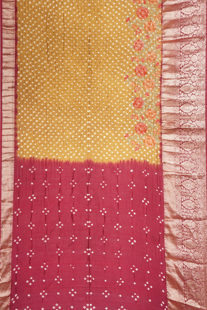 Chiniya Silk Bandhani Butta Mehandi Green Saree With Embroidery Border