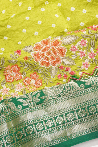 Chiniya Silk Bandhani Butta Pastel Green Saree With Embroidery Border
