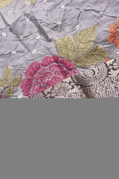 Chiniya Silk Bandhani Butta Grey Saree With Embroidery Border