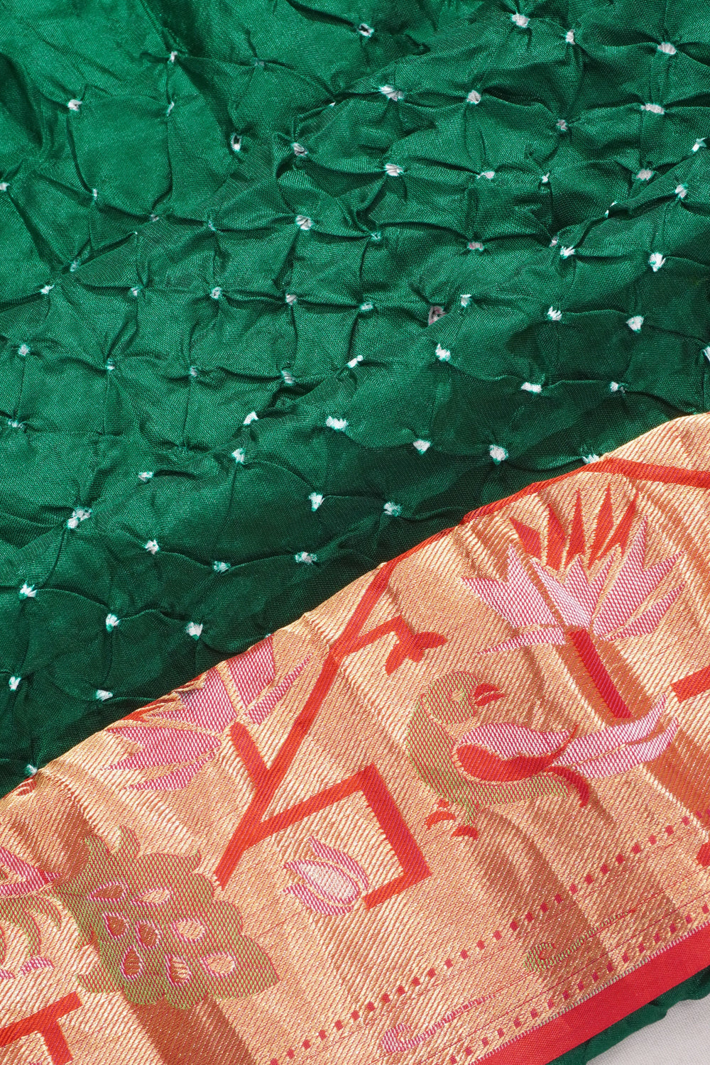 Bandhani Silk Butta Bottle Green Saree With Paithani Inspired Border