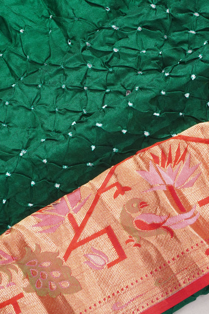 Bandhani Silk Butta Bottle Green Saree With Paithani Inspired Border