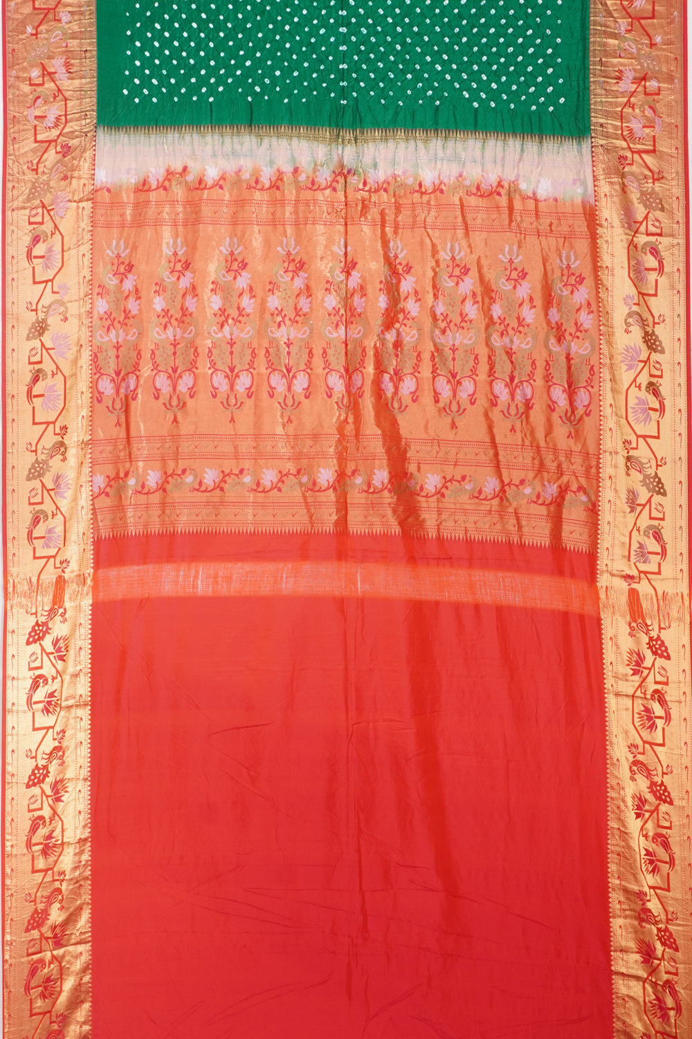 Bandhani Silk Butta Bottle Green Saree With Paithani Inspired Border