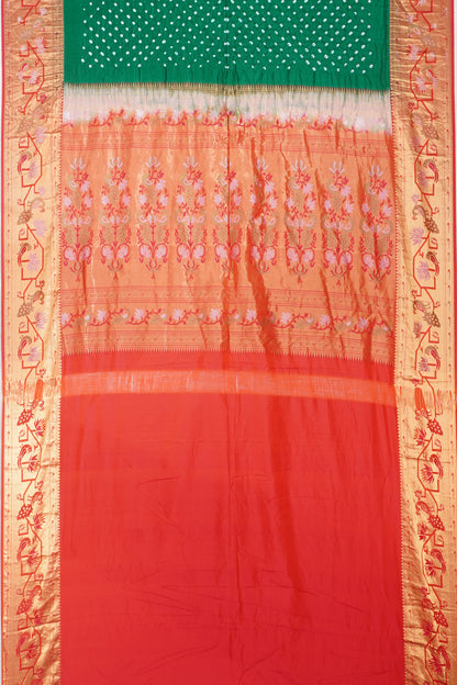 Bandhani Silk Butta Bottle Green Saree With Paithani Inspired Border