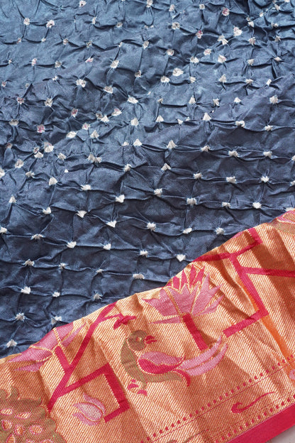 Chiniya Silk Bandhani Butta Grey Saree With Paithani Inspired Border