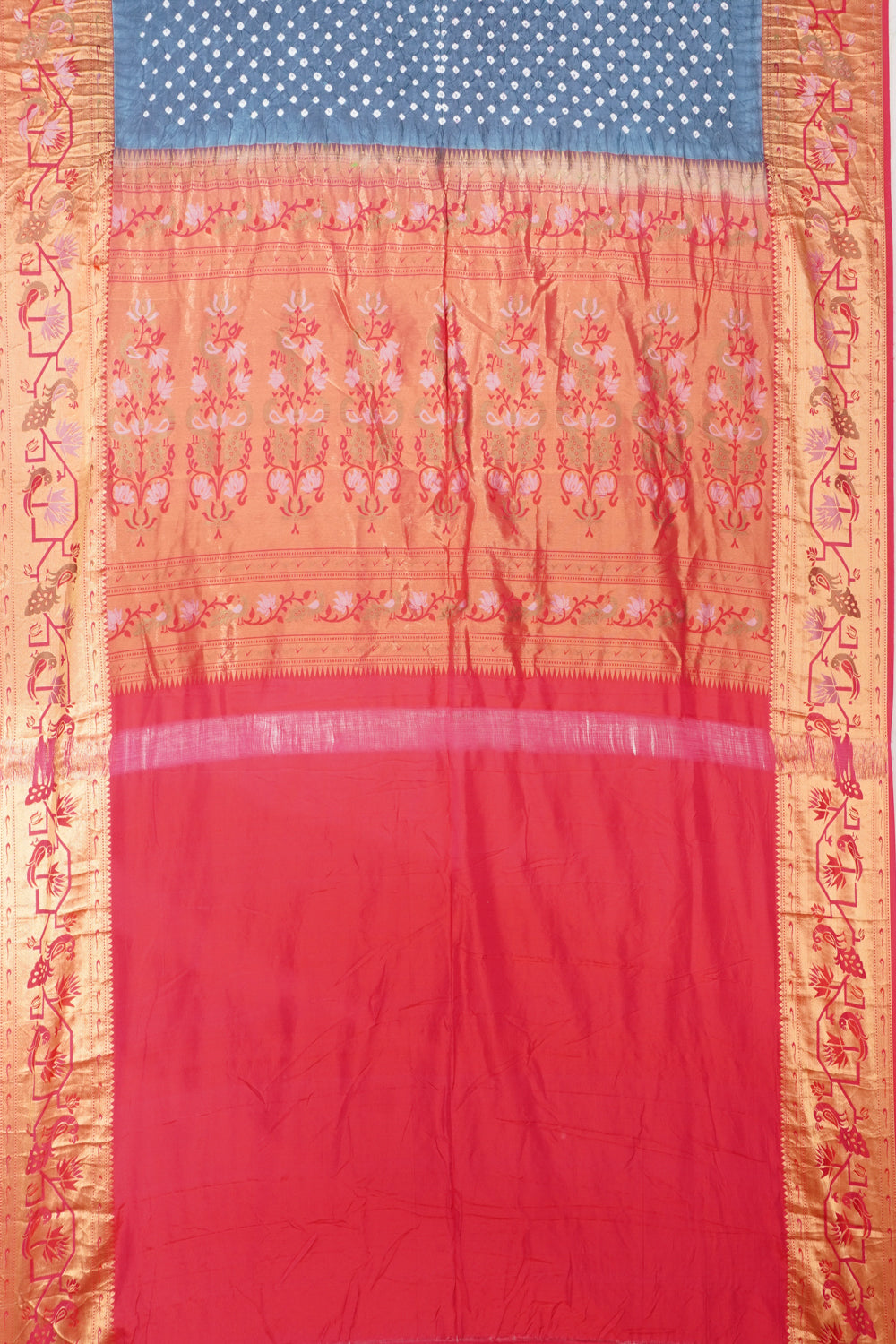 Chiniya Silk Bandhani Butta Grey Saree With Paithani Inspired Border
