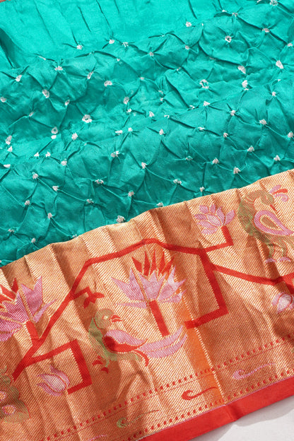 Chiniya Silk Bandhani Butta Sea Green Saree With Paithani Inspired Border