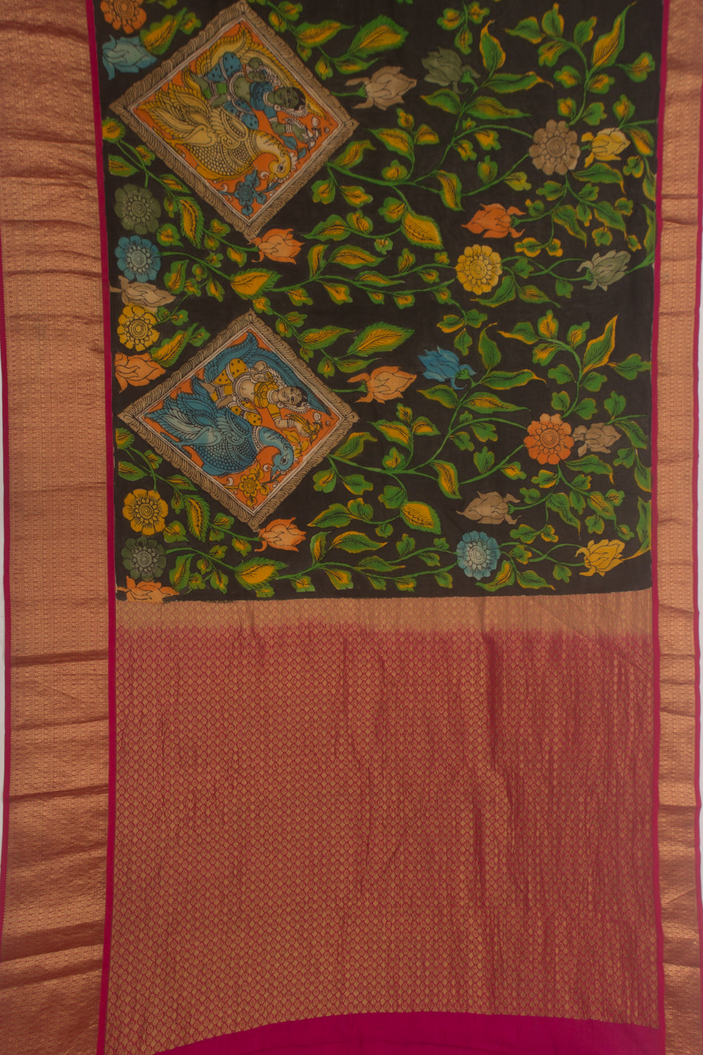 Kanchipuram Silk Handpainted Kalamkari Black Saree