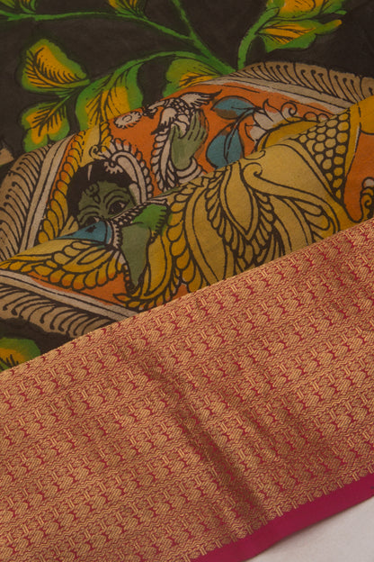 Kanchipuram Silk Handpainted Kalamkari Black Saree