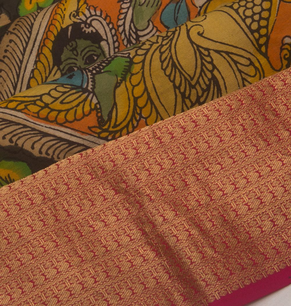 Kanchipuram Silk Handpainted Kalamkari Black Saree