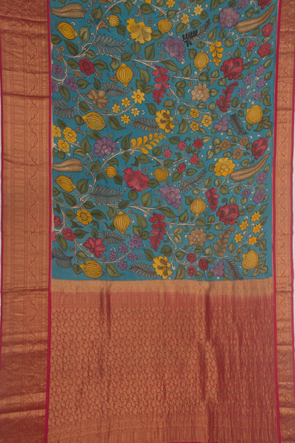 Kanchipuram Silk Handpainted Kalamkari Blue Saree