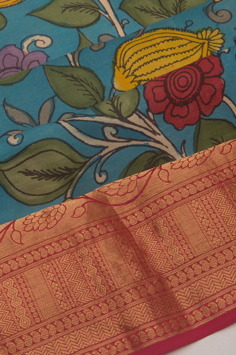 Kanchipuram Silk Handpainted Kalamkari Blue Saree