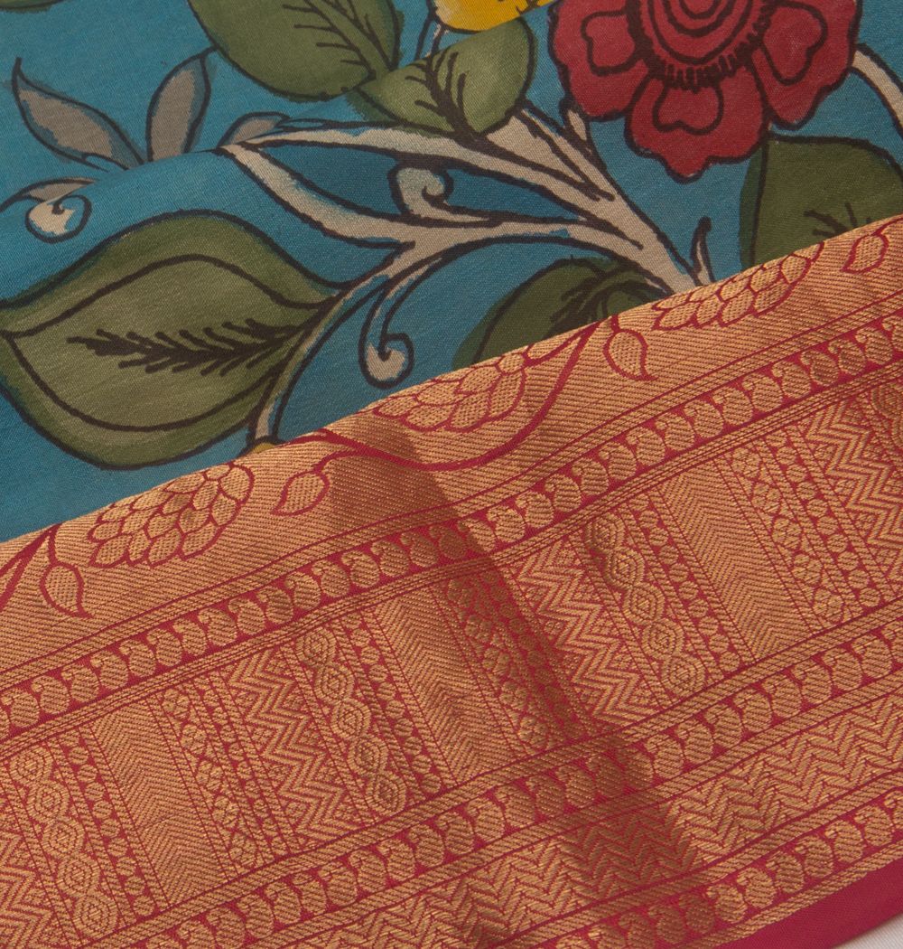 Kanchipuram Silk Handpainted Kalamkari Blue Saree