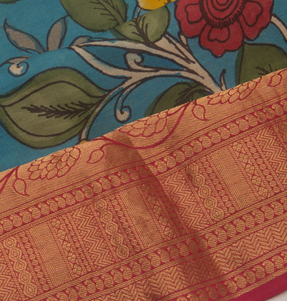Kanchipuram Silk Handpainted Kalamkari Blue Saree