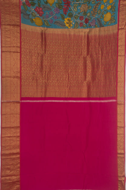 Kanchipuram Silk Handpainted Kalamkari Blue Saree
